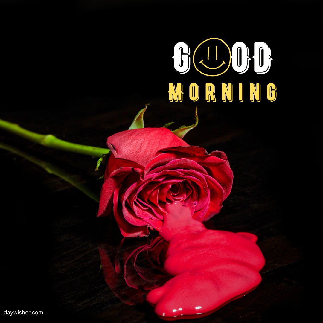 A striking image of a red rose lying on a reflective surface, its petals lush and vibrant, dripping with a glossy red substance that enhances its dramatic appearance. The bold yellow "Good Morning" text above adds a touch of cheer, making this a unique and artistic morning greeting.