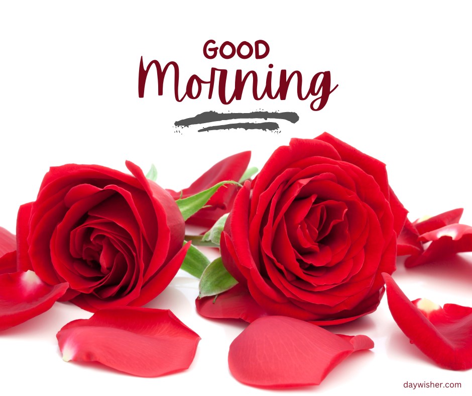 A vibrant and inviting display of red roses in full bloom, interspersed with scattered petals, set against a pristine white background with a stylized "Good Morning" text. This image is perfect for conveying warmth and affection, making it an ideal choice for a morning greeting that celebrates beauty and freshness.