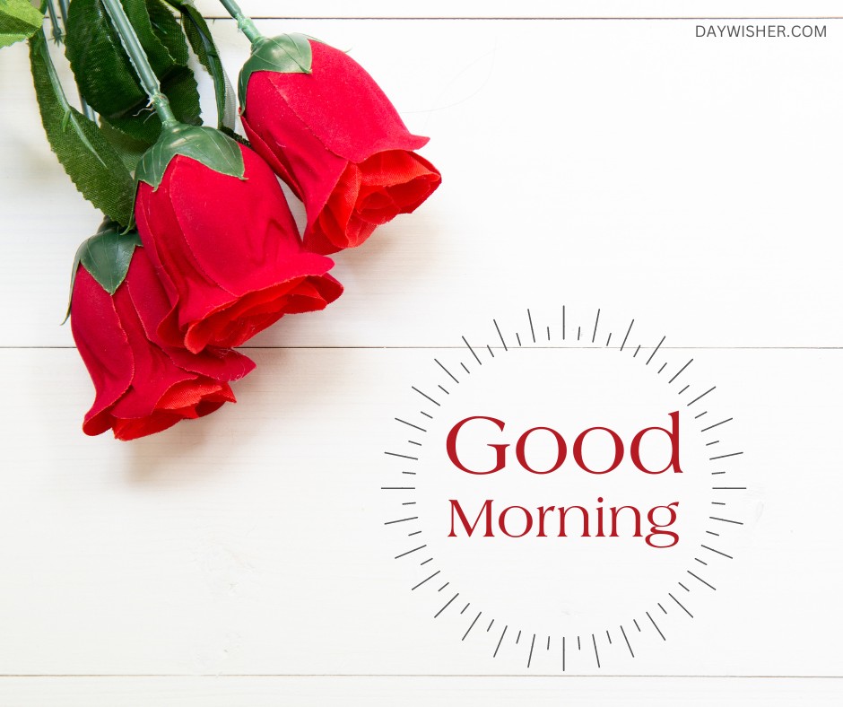 A fresh and minimalistic presentation of red roses lying on a white wooden background, encircled by a delicate "Good Morning" text in a modern style. This clean and elegant image captures the essence of a peaceful morning, perfect for starting the day with beauty and simplicity.