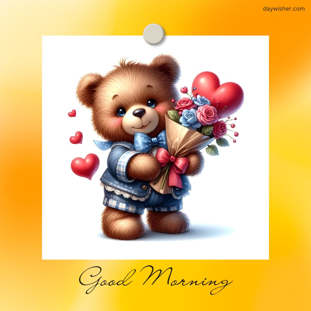 A cute good morning teddy bear dressed in a blue outfit, holding a bouquet of roses and heart-shaped balloons. The image features the text "Good Morning," creating a bright and cheerful greeting.