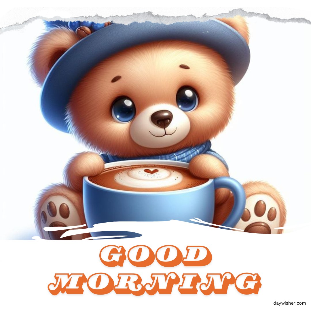 A cute good morning teddy bear wearing a blue hat, holding a large cup of coffee with a heart design in the foam. The image features the text "Good Morning" in bold, cheerful letters, creating a warm and inviting greeting.