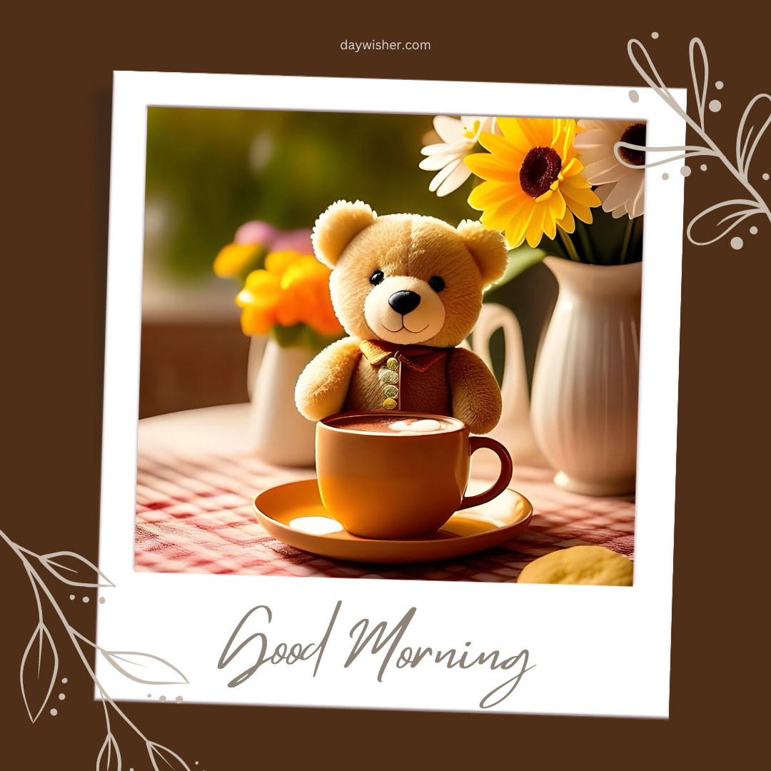 A cute good morning teddy bear sitting at a table with a cup of coffee, surrounded by colorful flowers in a cozy setting. The image features the text "Good Morning," creating a warm and inviting start to the day.