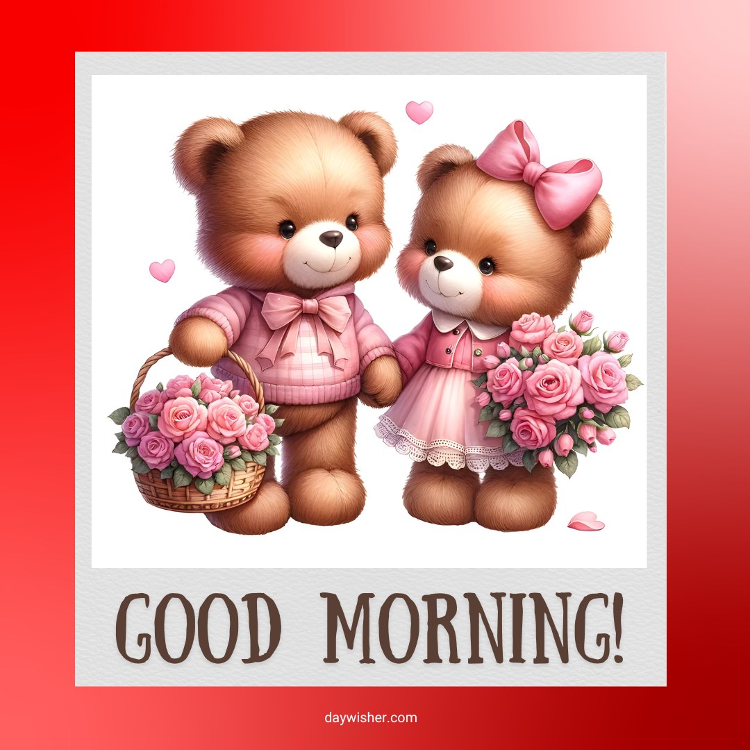 Two good morning teddy bears dressed in pink, one holding a basket of pink roses and the other holding a bouquet. The image features the text "Good Morning!" and small hearts, creating a charming and loving scene.