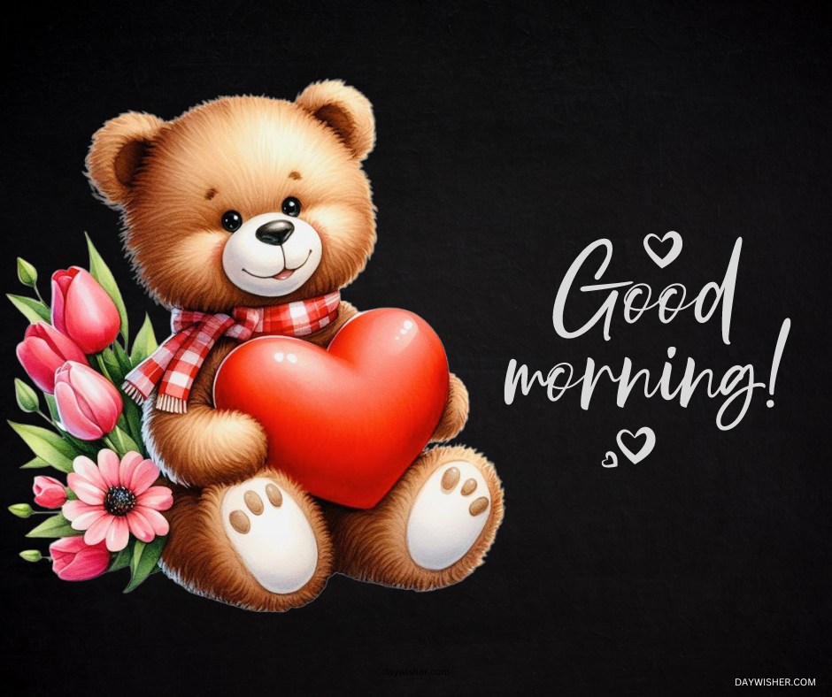 A cute good morning teddy bear holding a red heart, surrounded by pink tulips and a pink daisy. The image features the text "Good Morning" with small hearts, creating a warm and loving greeting.