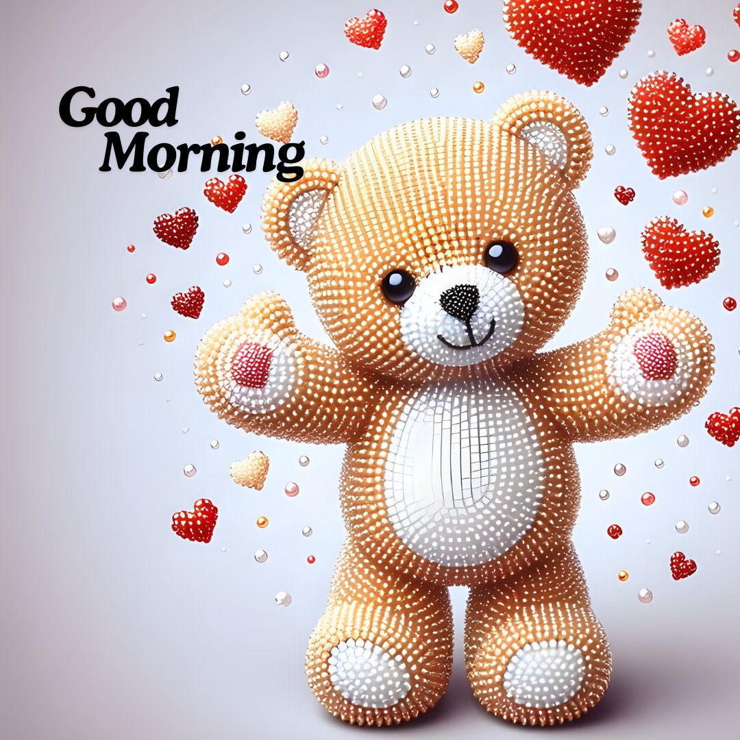 A good morning teddy bear made of beads, surrounded by floating heart decorations. The image features the text "Good Morning," creating a cheerful and creative morning greeting.