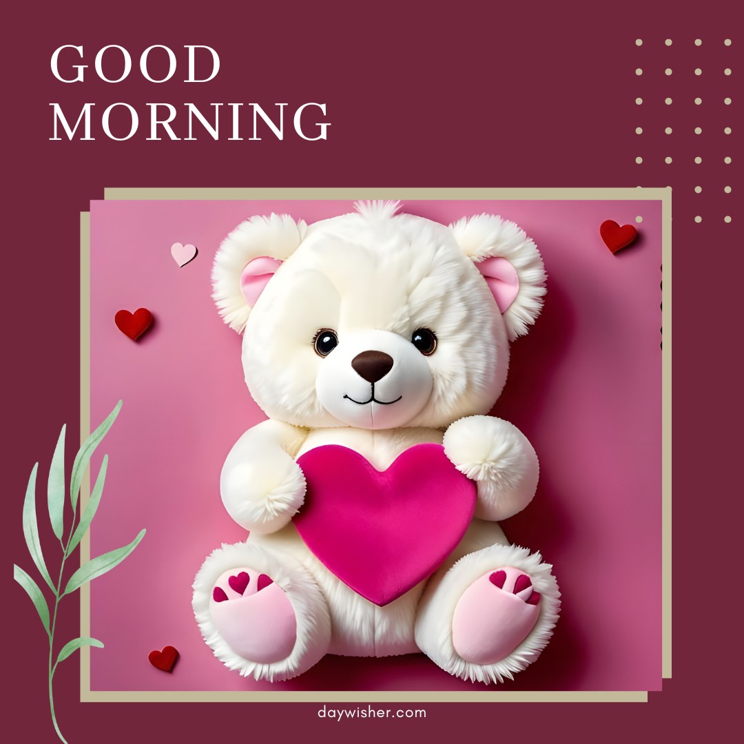 A white good morning teddy bear holding a pink heart, set against a pink background with small red and pink heart decorations. The image features the text "Good Morning," creating a sweet and loving greeting.