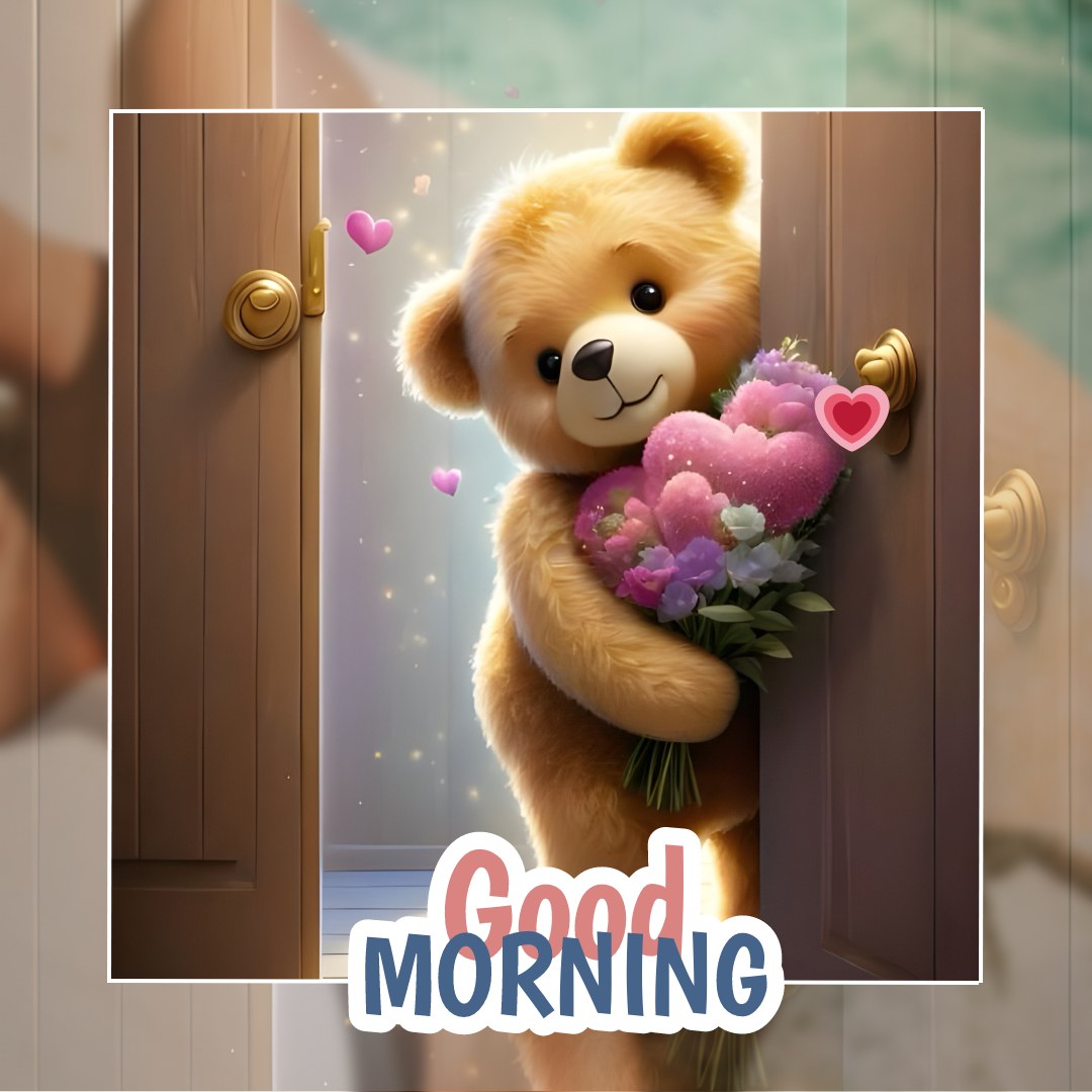 A cute good morning teddy bear peeking through a door, holding a bouquet of pink and purple flowers with heart decorations. The image features the text "Good Morning," creating a delightful and welcoming scene.