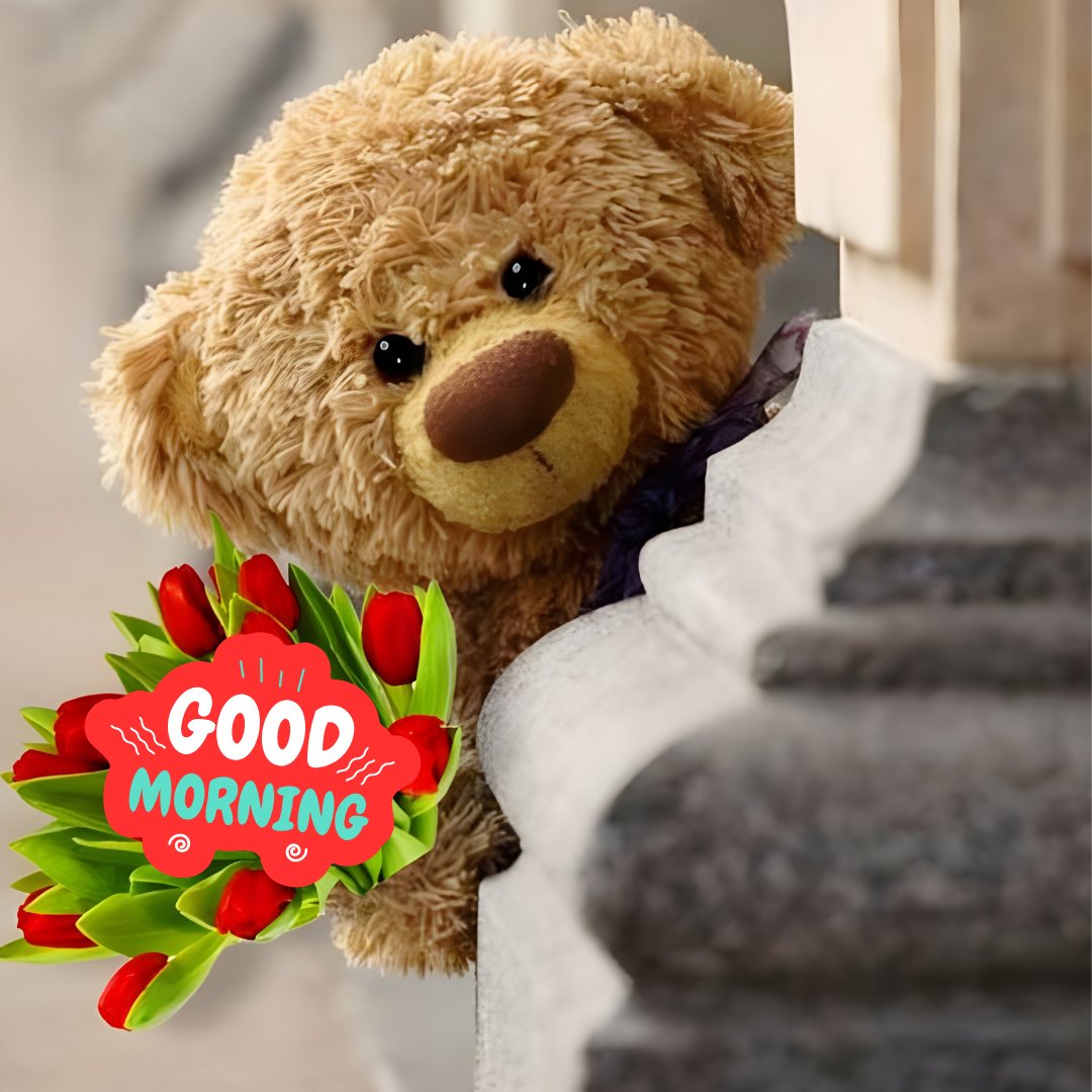 A cute good morning teddy bear peeking from behind a stone structure, with a graphic of red tulips and the text "Good Morning" in a cheerful font, creating a playful and inviting scene.