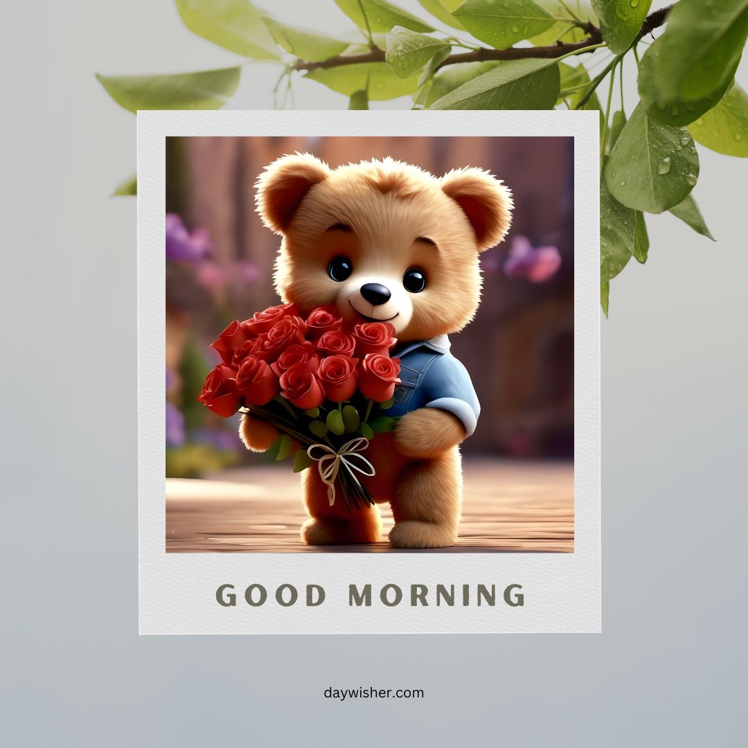 A cute good morning teddy bear holding a bouquet of red roses, standing outdoors with a gentle expression. The image features the text "Good Morning," creating a warm and charming start to the day.