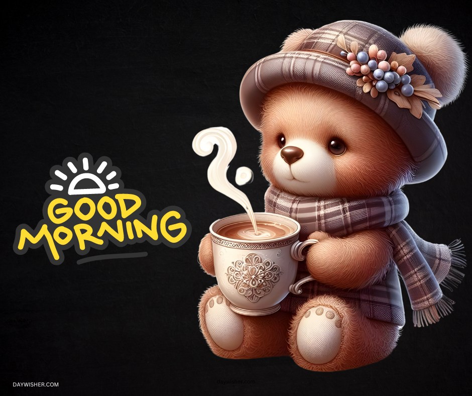 A cute good morning teddy bear dressed in a cozy hat and scarf, holding a steaming cup of coffee. The image features the text "Good Morning" in a cheerful yellow font, creating a warm and inviting start to the day.