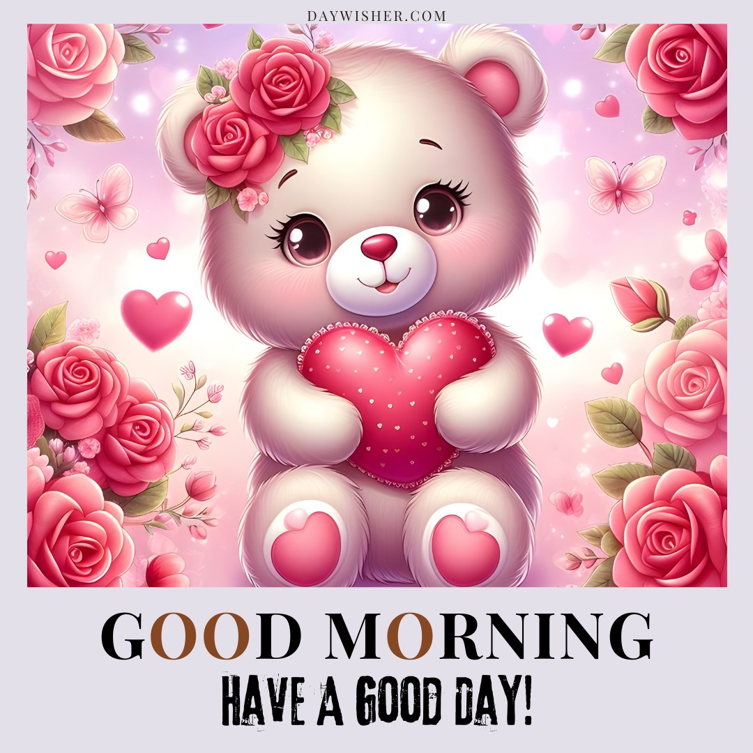 A sweet good morning teddy bear holding a heart-shaped pillow, surrounded by pink roses and butterflies. The image features the text "Good Morning - Have a Good Day!" creating a cheerful and loving atmosphere.