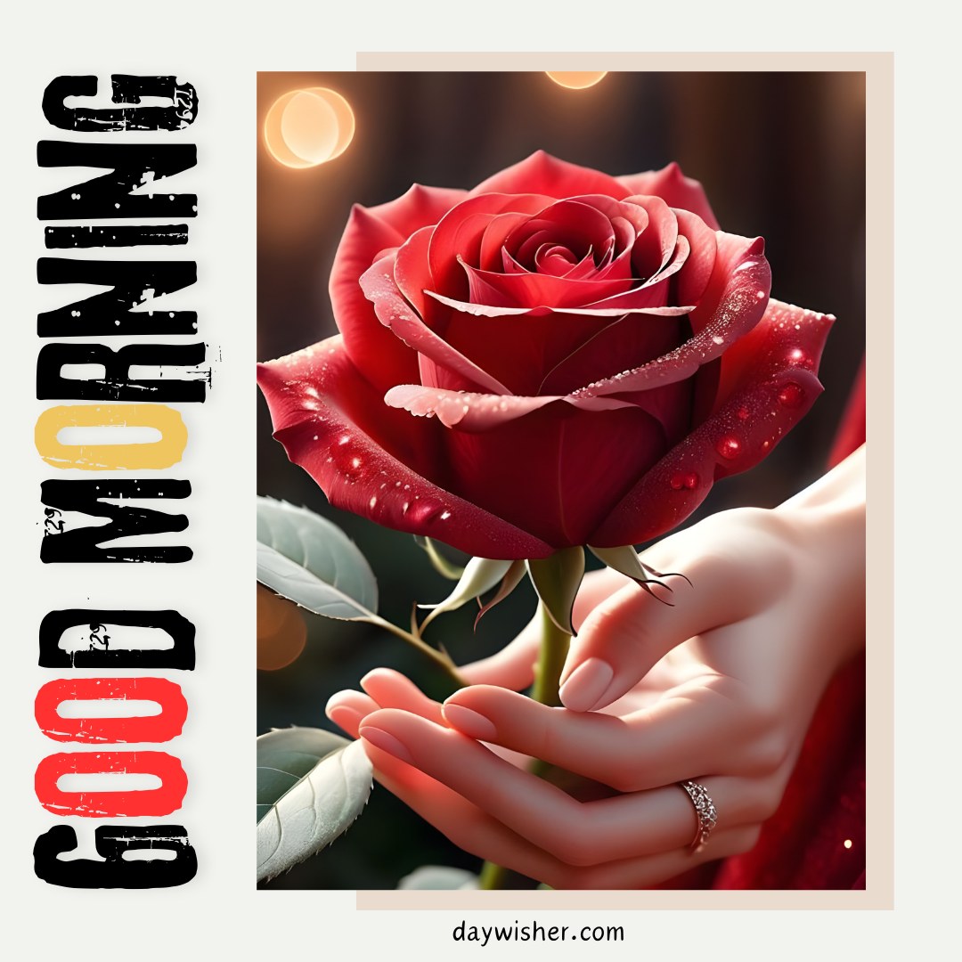 A beautifully detailed image showing a pair of hands gently holding a dew-kissed red rose, set against a softly blurred background with warm bokeh lights. The image is framed by a creative, grunge-style "GOOD MORNING" text, adding a modern and artistic touch to this serene morning greeting. This image is perfect for inspiring care and gentleness as one starts the day.