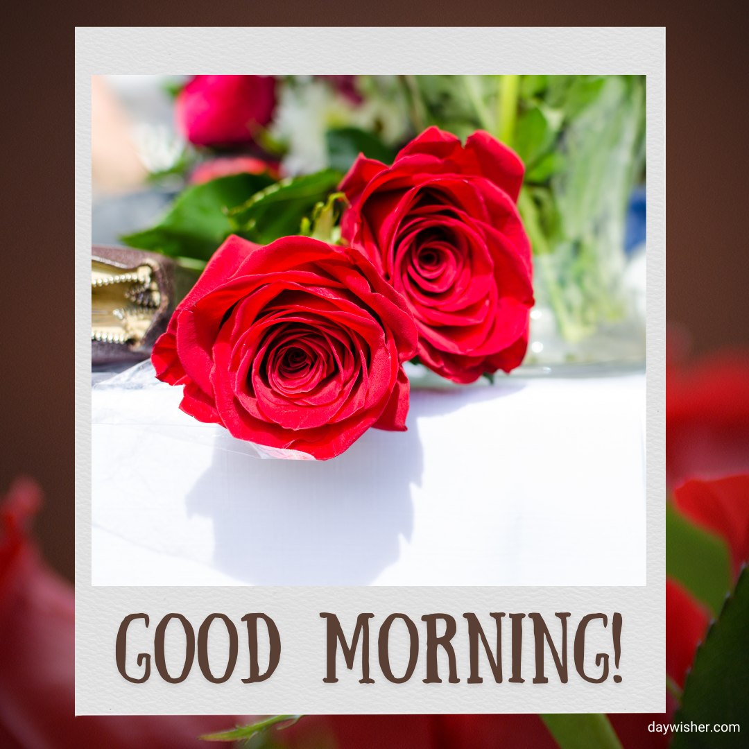 Twin red roses lie gracefully on a white table, highlighted by sunlit greenery in the background, with the warm greeting "GOOD MORNING!" prominently displayed. Ideal for a post under "Good Morning Red Rose Images," this image combines natural beauty with a cheerful morning wish
