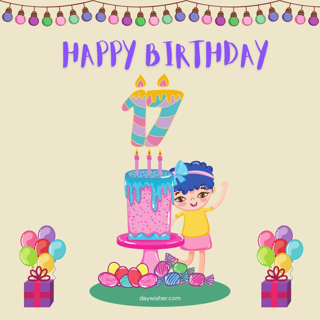 A cartoon illustration of a child with blue hair waving by a cake with seventeen candles, surrounded by balloons and gifts, under a "Happy 17th Birthday" banner. Bright, festive colors.