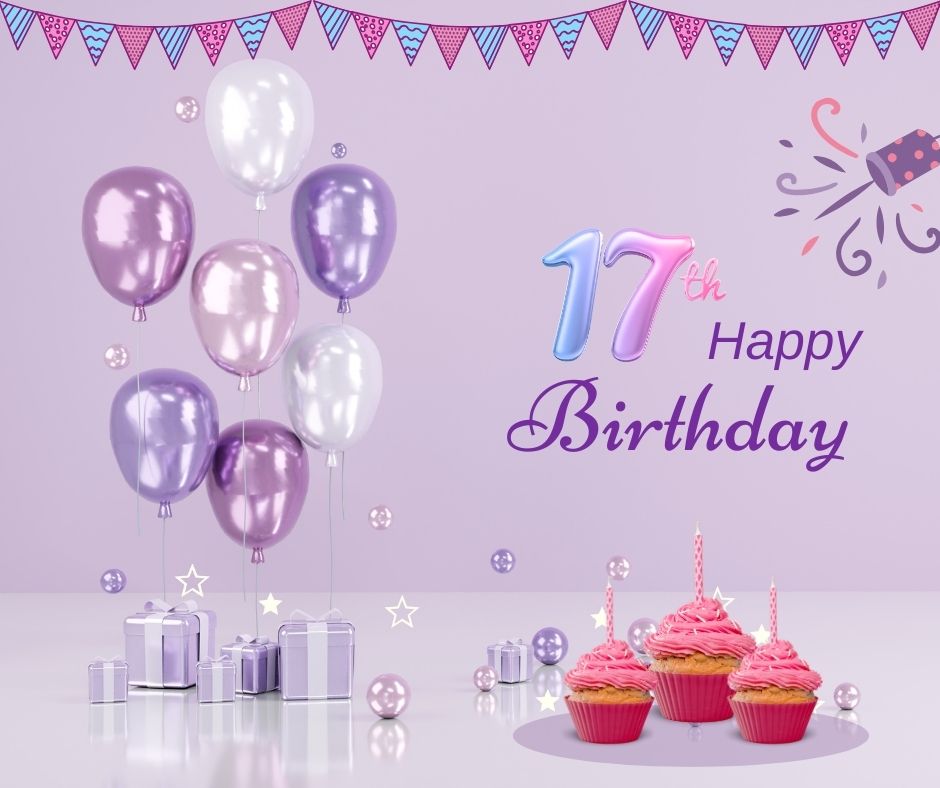 A festive 17th birthday celebration setup with purple and white balloons, pink-frosted cupcakes, small silver gift boxes, and decorations featuring confetti and star motifs against a purple background in happy 