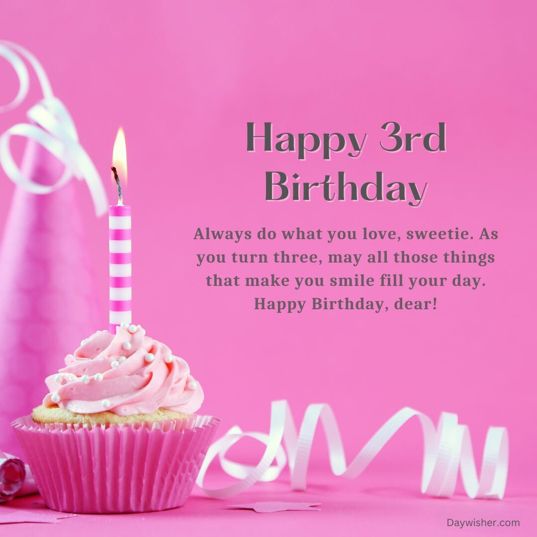 A birthday greeting image featuring a festive pink cupcake with a single lit candle on a pink background, accompanying a sweet message celebrating a happy 3rd birthday.