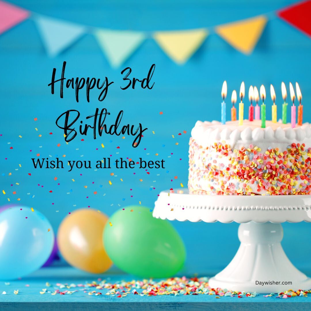 A festive 3rd birthday setup featuring a white cake with colorful sprinkles and lit candles, surrounded by balloons, against a blue backdrop with hanging flags. The text on the image says "happy 