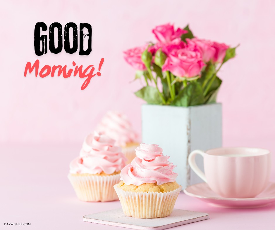 A delightful morning setup featuring a soft pink coffee cup on a matching saucer, accompanied by delicious cupcakes with pink frosting and a vase of vibrant pink roses against a pastel background. The bold "GOOD Morning!" text adds an energetic touch, perfect for those looking for good morning coffee images that bring a smile and a touch of sweetness to the start of the day.