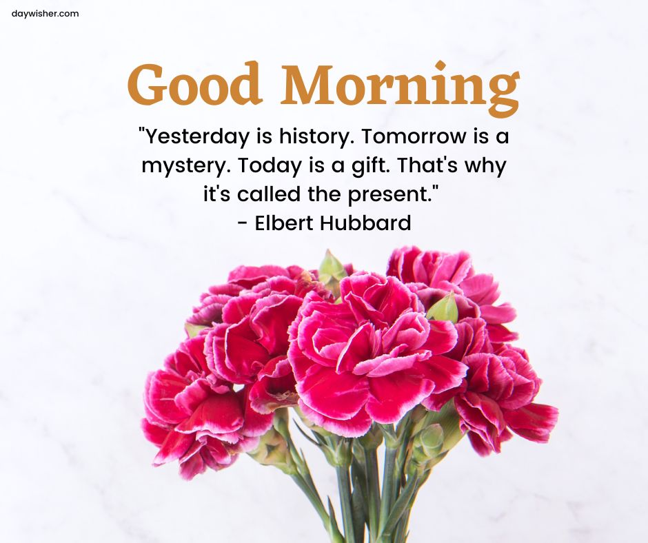 Bouquet of pink carnations with a "good morning" greeting and a quote by Elbert Hubbard about the gift of today, on a white background, featuring Good Morning Images with Positive Words.