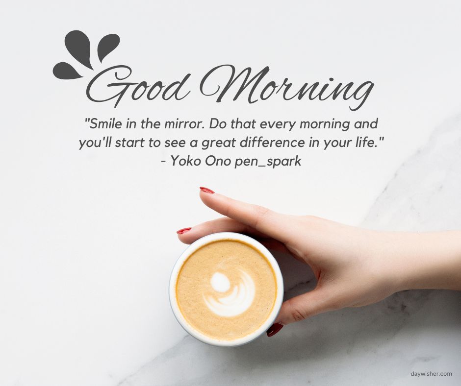 A person's hand holding a cup of coffee with a latte art heart on top, next to a "good morning" quote with positive words by Yoko Ono on a marble surface.