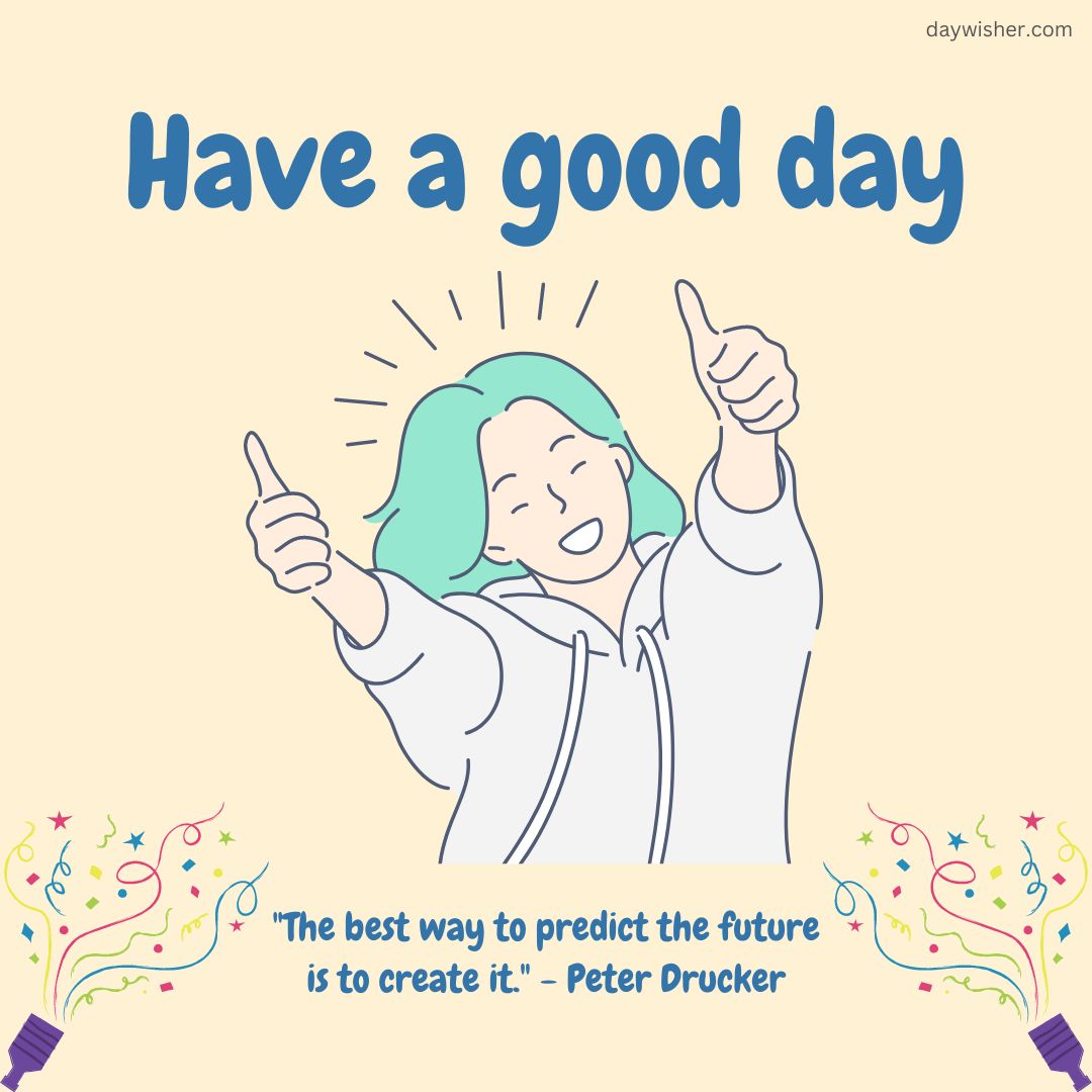 Illustration of a cheerful person with teal hair giving two thumbs up on a yellow background, encircled by a sun motif. The image includes the texts "Good Morning" and positive words alongside a