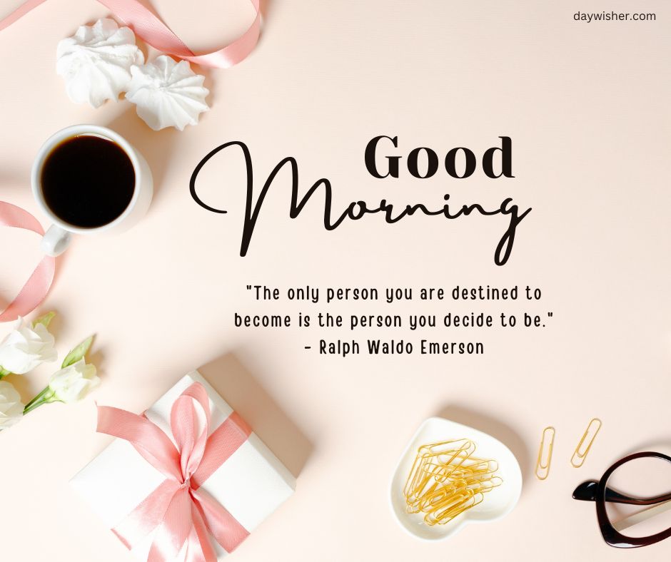 Aesthetic desktop view with a cup of coffee, ribbon-tied gift, paper clips, glasses, and scrunchies on a pale pink background, featuring a "good morning" quote filled with positive