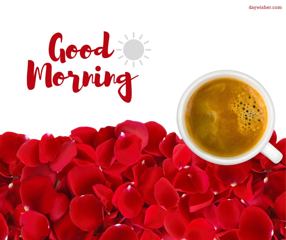 Good morning coffee images showcasing a steaming cup of coffee surrounded by vibrant red rose petals with a cheerful 'Good Morning' greeting.