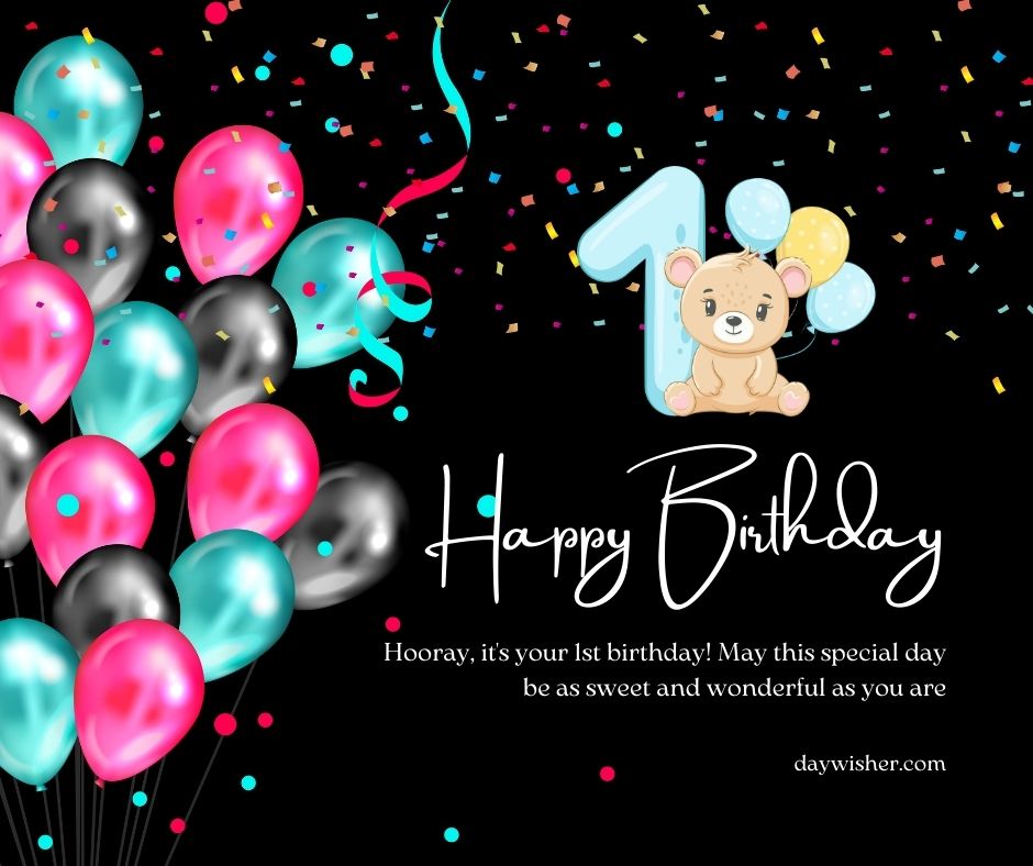 A colorful birthday card featuring a number "1," a cute plush bear, and vibrant balloons with confetti, alongside the message "Happy 1st Birthday" in cursive script.