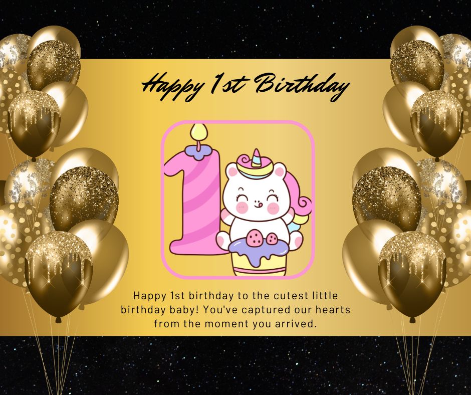 Golden birthday card with a "happy 1st birthday" message, featuring a cute cartoon pig on a pink background, surrounded by golden balloons and stars—picture-perfect greetings for a special day.