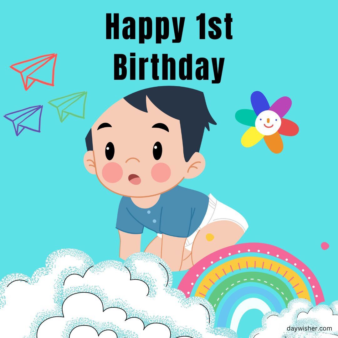 A colorful birthday greeting card showing a cute cartoon baby boy with a surprised expression, standing on clouds near a rainbow, with paper planes and a toy above, text reads "happy 1st birthday.