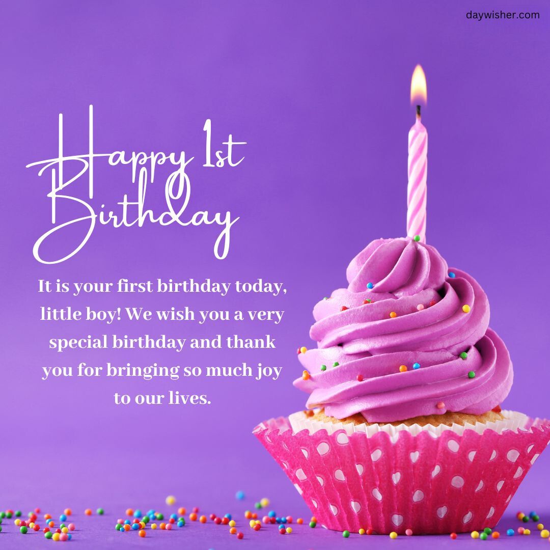 A pink frosted cupcake with a lit candle and colorful sprinkles, set against a purple background with "happy 1st birthday" written in decorative script.