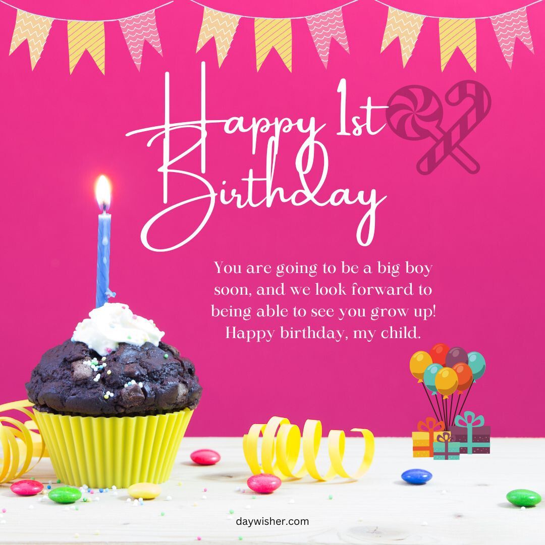 A colorful 1st birthday card graphic with a burning candle on top of a cupcake. Happy 1st birthday images wish "happy 1st birthday" with a message of anticipation for the