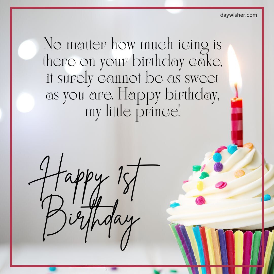 A birthday card with a message for a one-year-old prince, featuring a close-up of happy 1st birthday images with colorful sprinkles and lit candles, with blurred lights in the background.