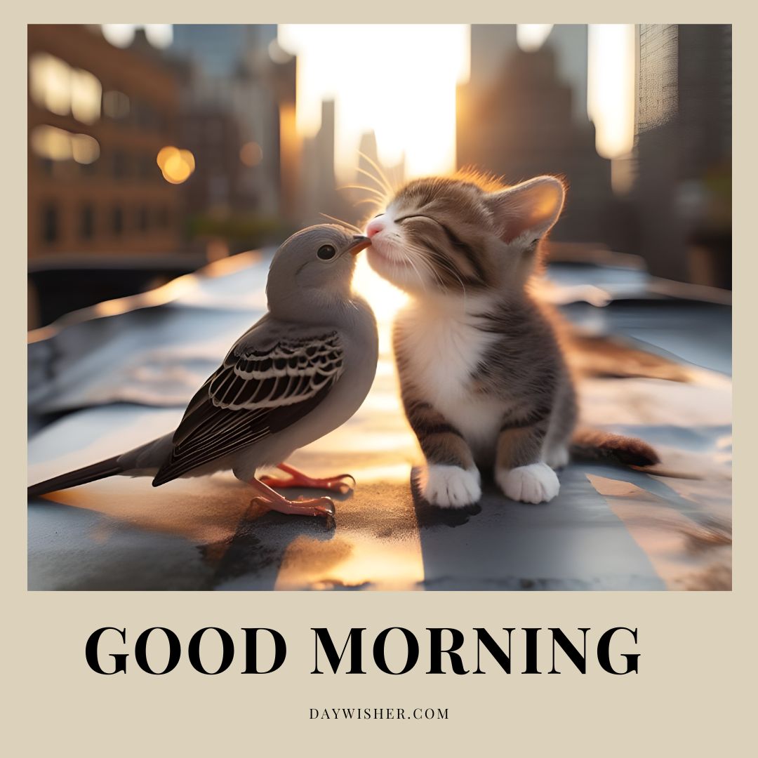 A kitten gently touching its nose to a bird under a warm sunrise in the city, with the text "Good Morning" from textwishes.com.