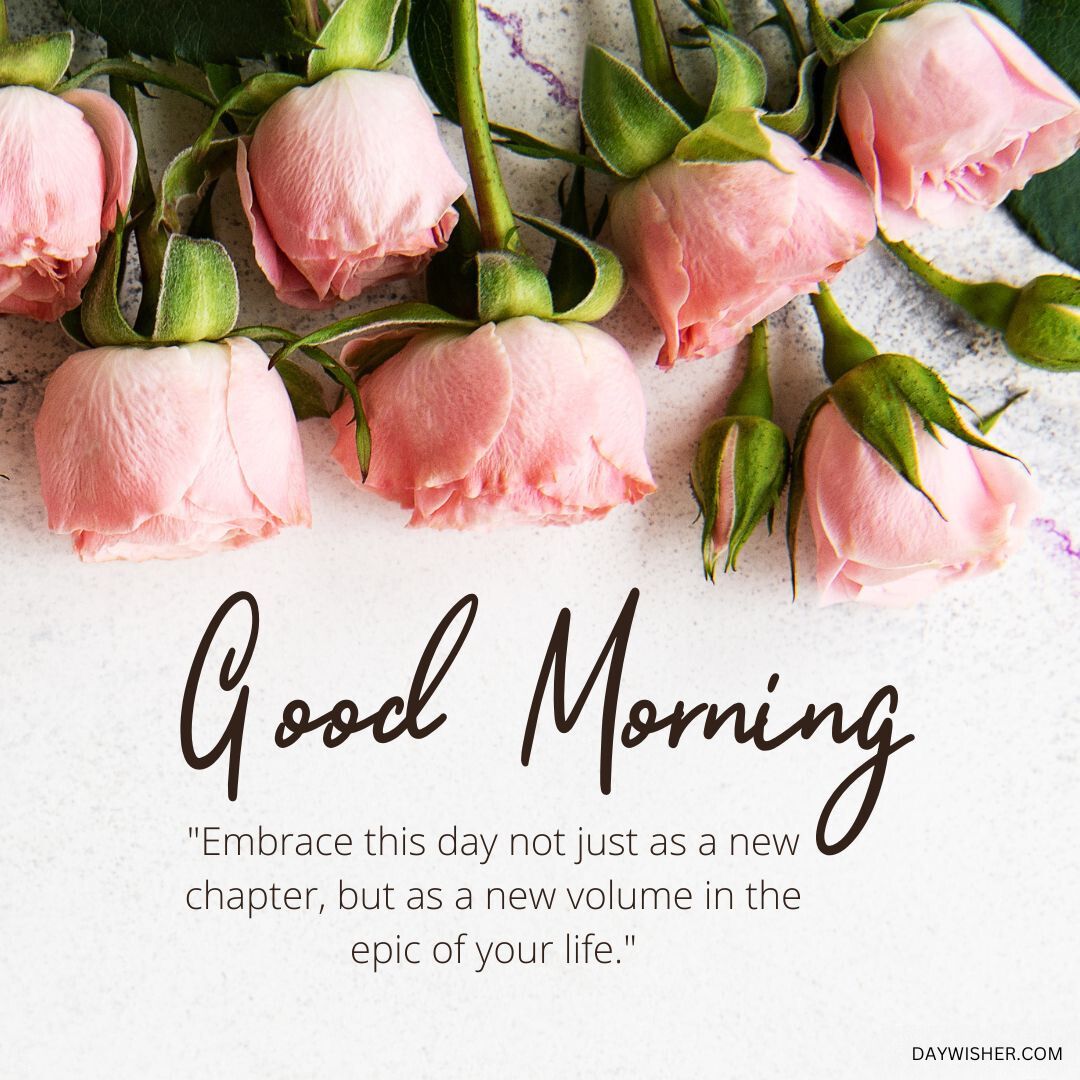 A collection of delicate pink roses along with a "good morning" greeting and positive words, on a textured background.