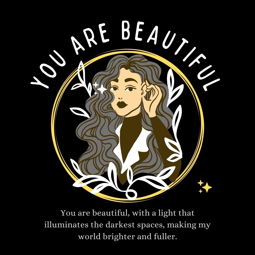 Elegant illustration of a woman with wavy hair in a golden circle, with the phrase "YOU ARE BEAUTIFUL" and a romantic quote on a black background, ideal for Best Card-Perfect You Are Beautiful Messages for Her.