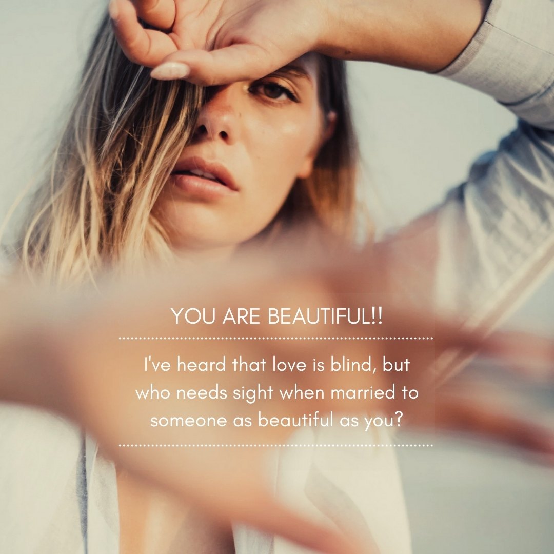 Close-up of a woman playfully peeking through her fingers with a contemplative smile, with text "YOU ARE BEAUTIFUL!!" and a humorous love message, ideal for Best Sweet and Funny You Are Beautiful Messages for Your Wife.