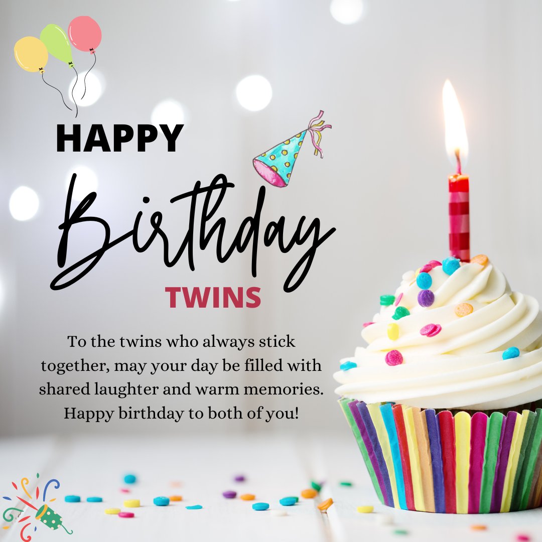 Heartwarming birthday greeting for twins featuring a festive cupcake with a lit candle, colorful decorations, and a touching message about togetherness and shared memories on a soft background with party balloons and a party hat.