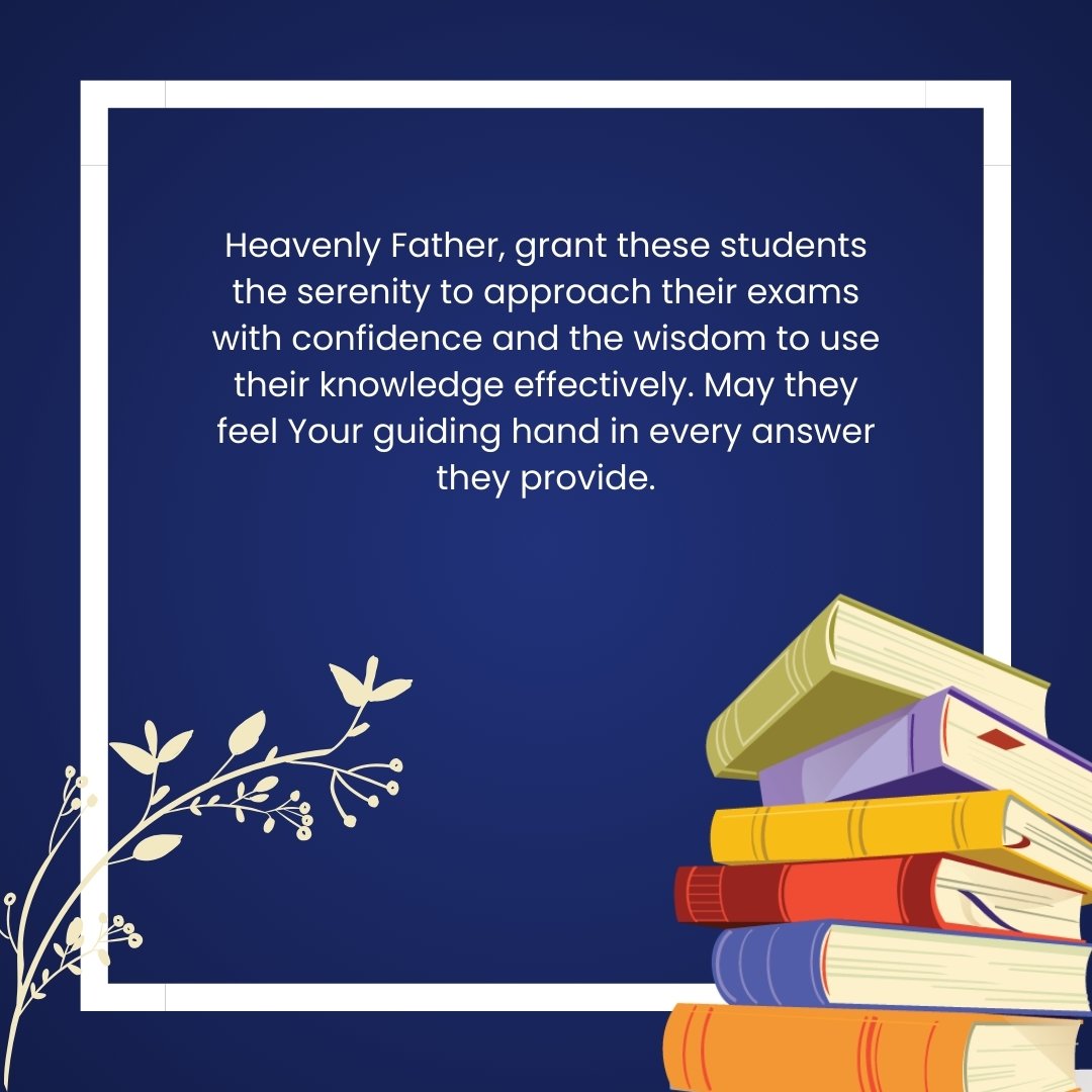 Prayers for exam success for students, featuring a message asking for serenity, confidence, and wisdom. The image shows a stack of colorful books against a deep blue background, symbolizing knowledge and divine guidance during exams.