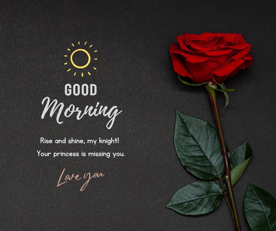 Romantic Good Morning wishes for a boyfriend featuring a stunning single red rose against a dark background with a heartfelt message: "Good Morning. Rise and shine, my knight! Your princess is missing you. Love you." The design beautifully blends elegance and affection, perfect for a morning greeting to a loved one.