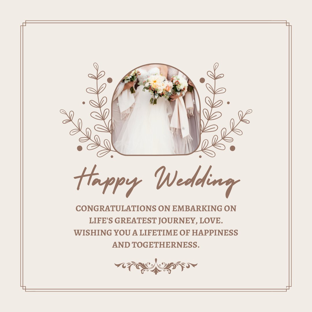 Sincere Happy Wedding Wishes for Friend with an elegant card design featuring a bridal bouquet within a circular frame, surrounded by floral and leaf motifs, on a soft beige background.