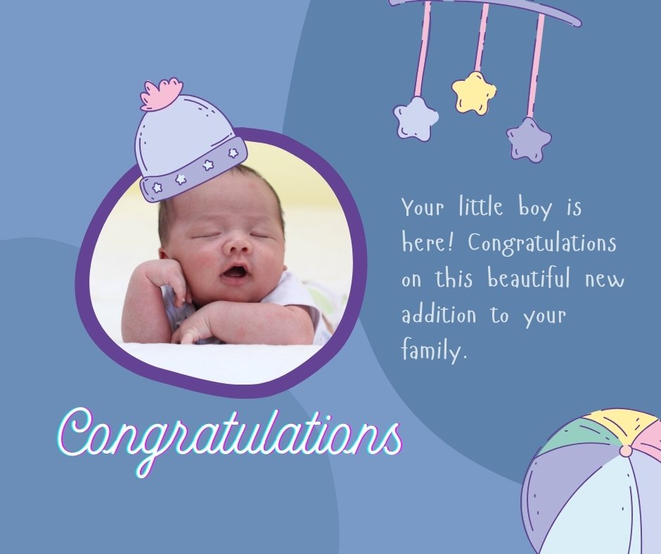 Charming congratulatory card featuring a newborn baby boy peacefully sleeping, adorned with a whimsical hat illustrated with a pink bird. The background is soft purple with decorative hanging stars, and a warm greeting that welcomes the baby boy to the family. This card beautifully captures sweet congratulations for a baby boy wishes to new parents.