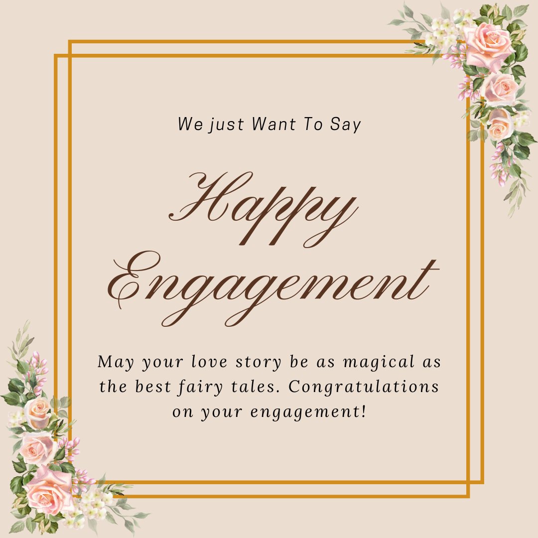 Best Quotes for Your Brother's Engagement card with elegant script on a peach background, adorned with floral decorations at the corners, expressing a magical love story.