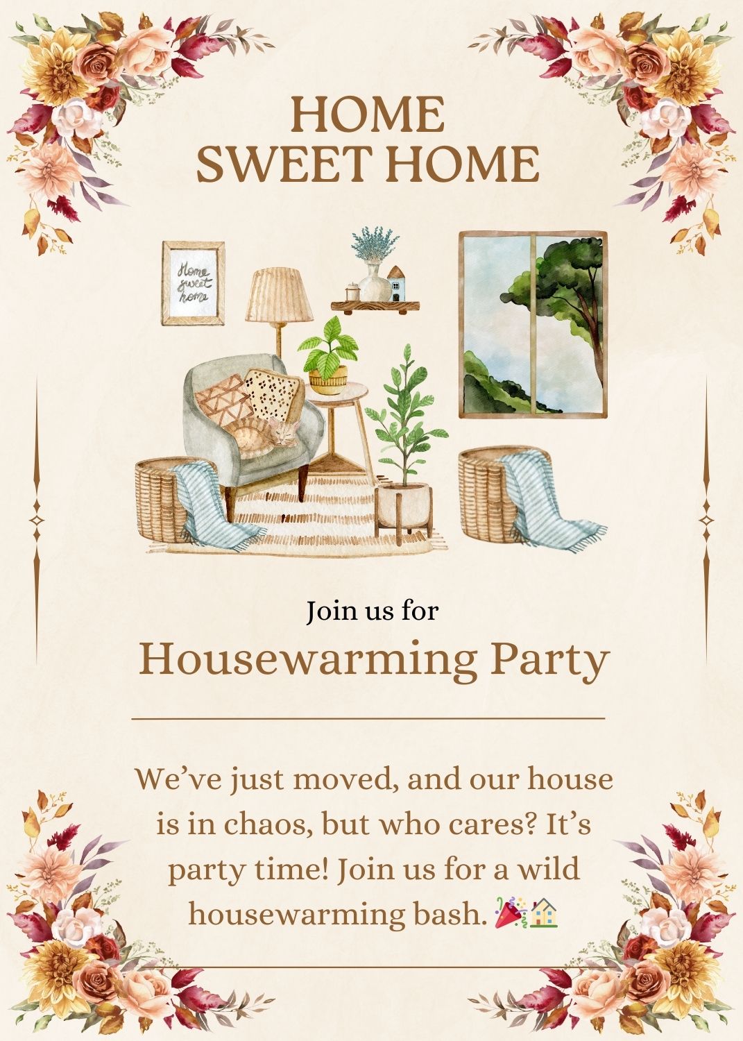 Fun housewarming invitation messages displayed on a beautifully illustrated card with 'Home Sweet Home' in elegant script, surrounded by a cozy living room scene and floral decorations, inviting guests to a lively housewarming party.