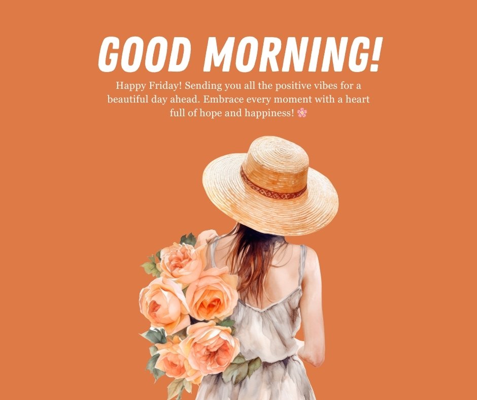 Illustration of a woman in a straw hat holding a bouquet of orange roses, accompanied by a message that reads "Good Morning! Happy Friday! Sending you all the positive vibes for a beautiful day ahead. Embrace every moment with a heart full of hope and happiness!" – ideal for Good Morning Happy Friday Messages for Positivity.