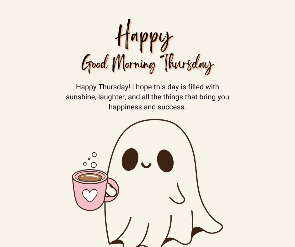 Happy Good Morning Thursday Wishes with a cute ghost holding a pink coffee cup, smiling. The text reads "Happy Good Morning Thursday" followed by a wish for a day filled with sunshine, laughter, happiness, and success.