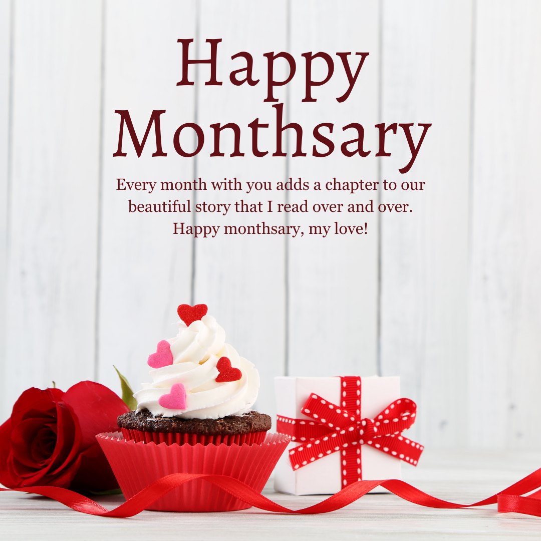 Happy Monthsary quotes for boyfriend featuring a cupcake with heart decorations, a red rose, a gift box with a red ribbon, and the message 'Every month with you adds a chapter to our beautiful story that I read over and over. Happy monthsary, my love!