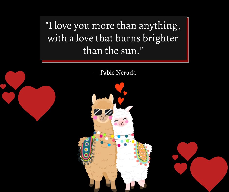 Heart Touching Romantic I Love You More Than Anything Quotes: Two llamas in love, surrounded by hearts, with a Pablo Neruda quote expressing deep affection and passion.
