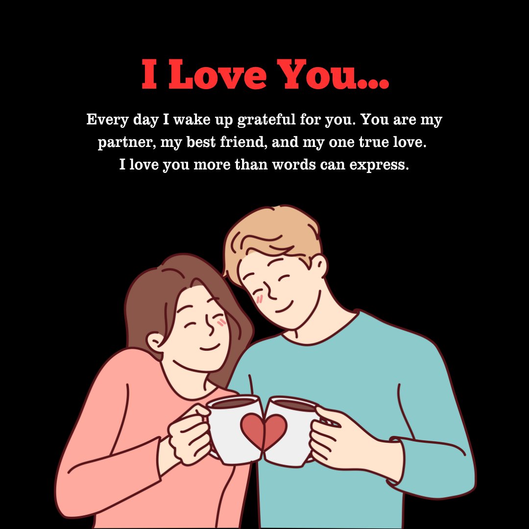 I Love You Messages for Husband illustrated with a cartoon couple smiling and holding mugs that form a heart shape, with a romantic message expressing gratitude and love on a dark background.