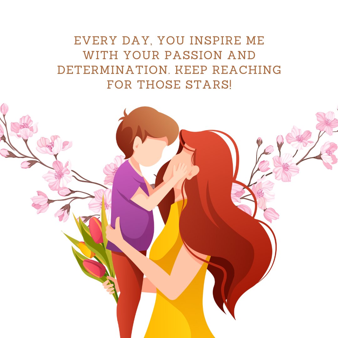 A mother in a yellow dress and long flowing red hair tenderly receives a kiss on the cheek from her young son, who holds a bouquet of tulips. The background features blooming pink cherry blossoms, emphasizing a moment of affection and inspiration.